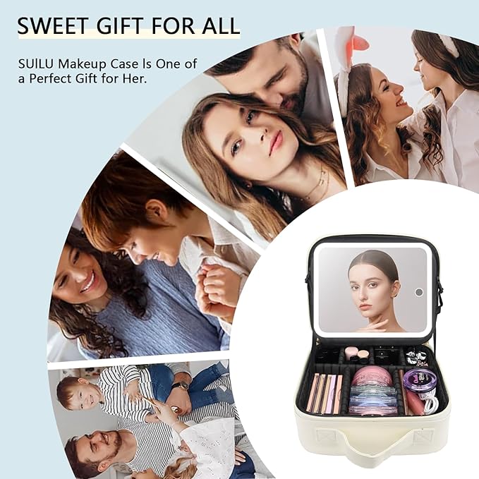 Travel Makeup Bag with LED Lighted Mirror,Cosmetics Organizer, Makeup Bag with 3 Color Lighted Setting, Portable Storage and Adjustable Dividers Travel Makeup Bag(White)