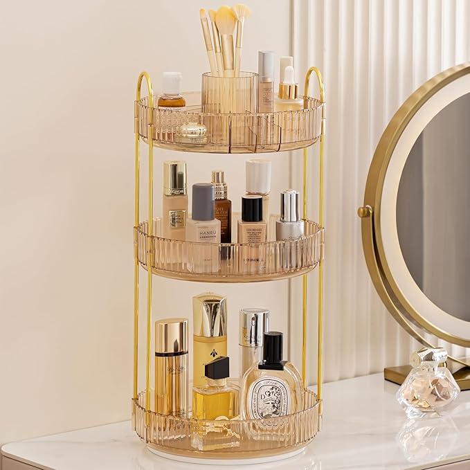 HBlife 360 Rotating Makeup Organizer, 3 Tier Perfume Organizer Skincare Organizer Large Capacity Cosmetic Storage for Bathroom, Vanity, Countertop, Glod
