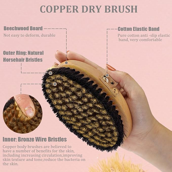 Copper Dry Brushing Body Brush with Ion Charged Bristles Dry Brush, Exfoliating Body Brushs,Reduce Stress