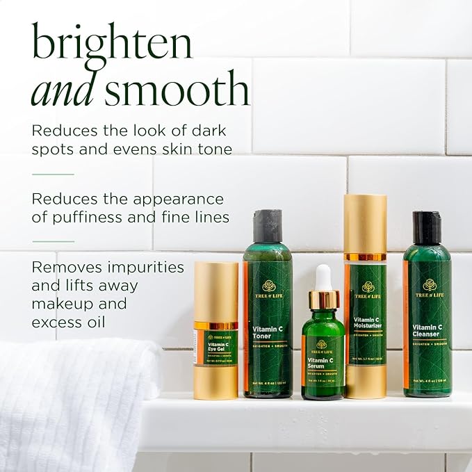 Tree of Life Beauty Vitamin C Brightening Complete (Pack of 5) Serum (1 Oz), Moisturizer Cream (1.7 Oz), Eye Gel (0.5 Oz), Toner (4 oz), Cleanser (4 oz), Renewing Face Dermatologist Tested Skin care