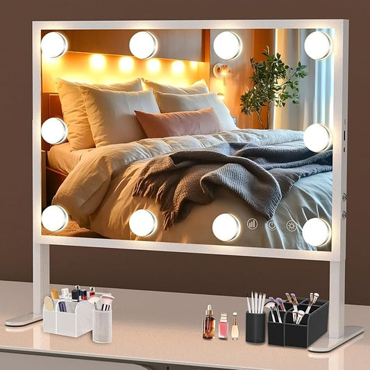 BESTOPE PRO Vanity Mirror with Lights, 15.7" x 20.8" Height & Brightness Adjustable Hollywood Mirror, Lighted Makeup Mirror with Storage,3 Color Lights,10X Magnification,USB Charging Port, Women Gifts