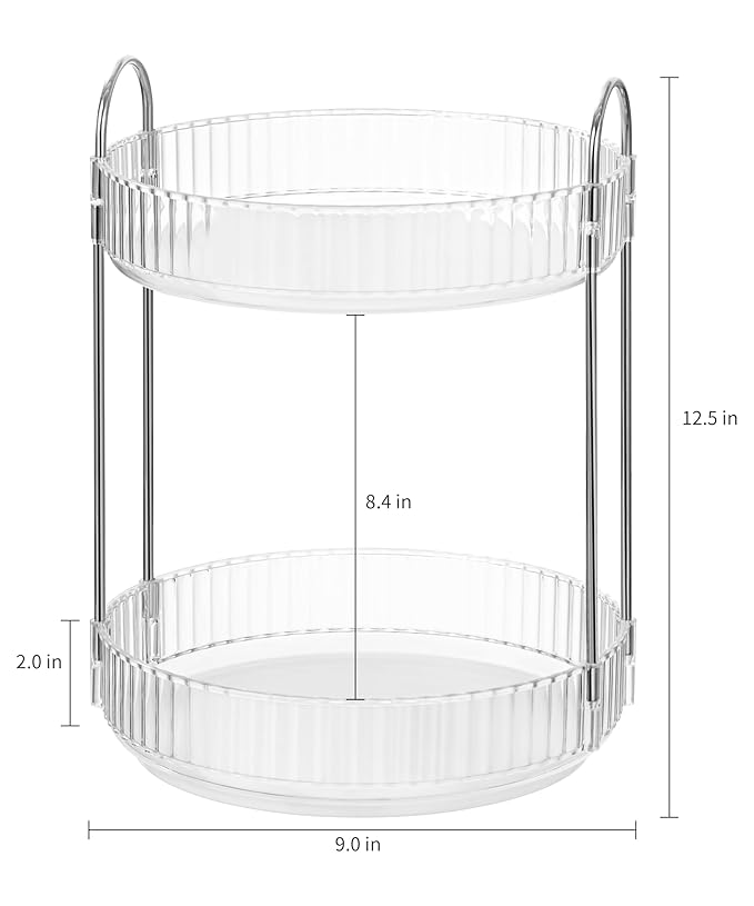 360 Rotating Makeup Organizer Countertop Clear 2 Tier Bathroom Organizer Spinning Perfume Organizers, Skincare Organizers Makeup Carousel with Silver Handle Cosmetic Brush Storage
