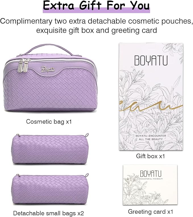 BOYATU Travel Makeup Bags for Women: Large Make up Bag Set of 3 - Vegan Leather Cosmetic Bags - Waterproof Toiletry Organizer (L04 Violet Purple)