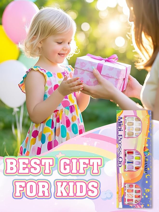 72 Pieces Press on Nails for Kids, EBANKU 3 Pack Kid Fake Nail Kit Pink Purple Gold Strawberry Flower Press on Nails for girls 8-12 Years with Jelly Nail Adhesives