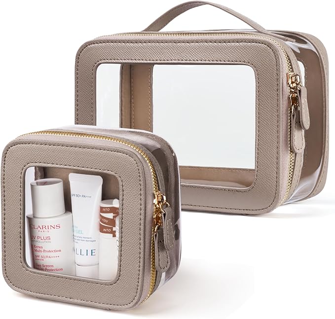 Clear Cosmetic Bag Set for Women Makeup Bag with Handle, TSA Travel Toiletry Bag Transparent Cosmetic Case Portable Make Up Organizer Bag for Essentials (Stone, Mini+S)