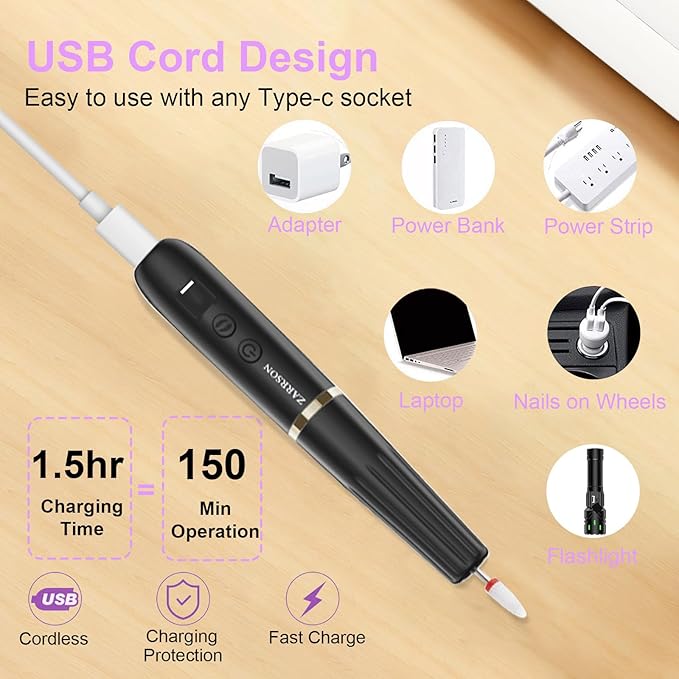 Professional Nail Drill Kit ; Portable Electric Nail File Set for Acrylic Gel Nails, Nail Filer Electric for Beginners and Professionals Manicure and Pedicure Set (Black)