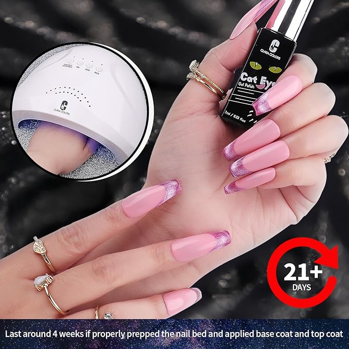 Clara Colors Cat Eye Gel Nail Polish Set - UV Light, 20 Colors Magnetic & Holographic Glitter Galaxy Series - Cat Eye Gel Polish Kit with 4 Magnets, Black & White Base & Top Coat