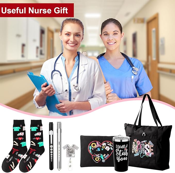7 Pcs Nurse Gifts for Womem Appreciation Gift Set Include Nurse Tote Bag Penlight Makeup Bag Socks for Nurse Graduation Appreciation Thank You Gift for CNA Rn LPN LVN Practitioner