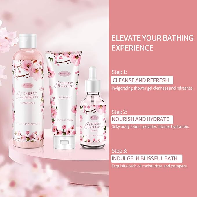 Bath and Body Gift Set for Women - Luxurious Home Spa Gift Set, Japanese Cherry Blossom Scented 7-Piece Set Including Shower Gel, Body Lotion, Bath Oil, Bath Salt, Soap, Bath Bombs, and Candle