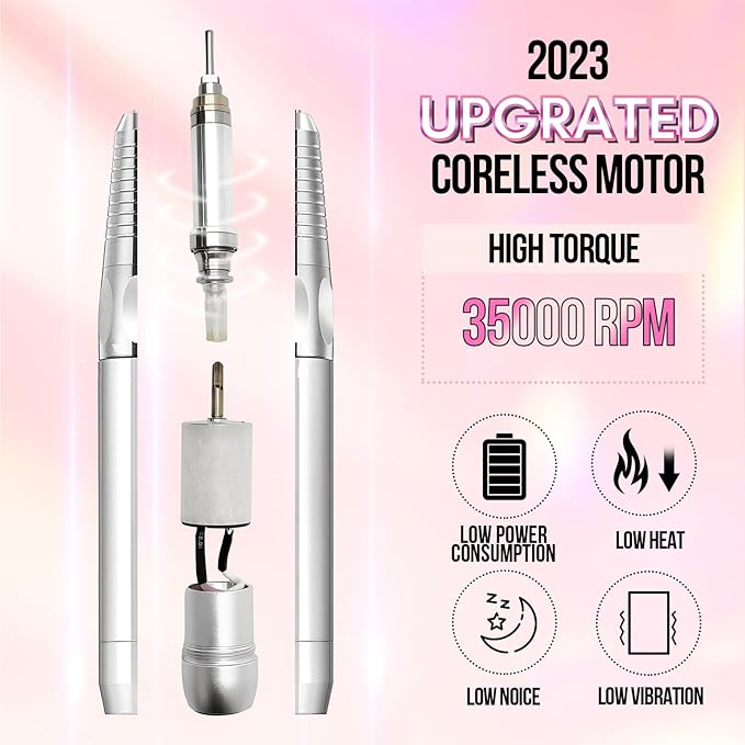 Makartt Professional Nail Drill, 35000RPM Rechargeable Efile with Coreless Motor, Nouvella Electric Nail Filer Machine for Acrylic Gel Removal with Drill Bits Set, Pink