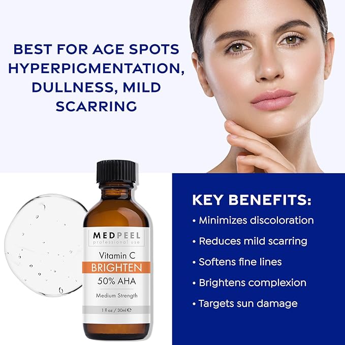 MedPeel 50% AHA & Vitamin C Brightening Essential Peel Kit, Includes Peel, Prep, Neutralizer, Medium Strength Professional Grade Chemical Face Peel, Minimize Fine Lines Wrinkles, 1oz/30ml (Kit of 3)
