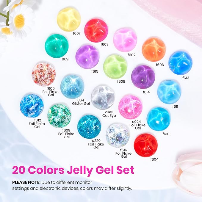 Beetles Neon Jelly Gel Nail Polish Kit,20 Colors Summer Cat Eye Glitter Soak Off UV LED Gel Nail Kit Pink Orange Blue Sunbeam Jelly with Base Matte Top Coat for DIY Nail Art Lovers & Professionals