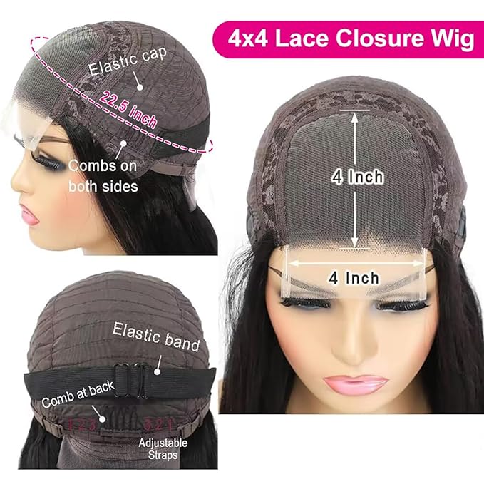 4x4 Lace Front Wigs Human Hair Pre Plucked 150% Density Straight Glueless Lace Frontal Wigs Human Hair for Black Women 4x4 Brazilian Virgin HD Lace Closure Human Hair Wigs with Baby Hair(18 Inch)