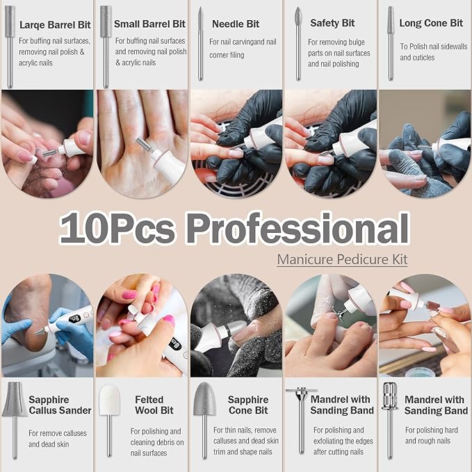 Cordless Electric Nail File Set, 10 Speeds Professional Manicure Pedicure Kit with LED Light & LCD Screen, Portable Nail Drill for Natural & Acrylic Nails, Human & Pet Thick Toenails (Pink)
