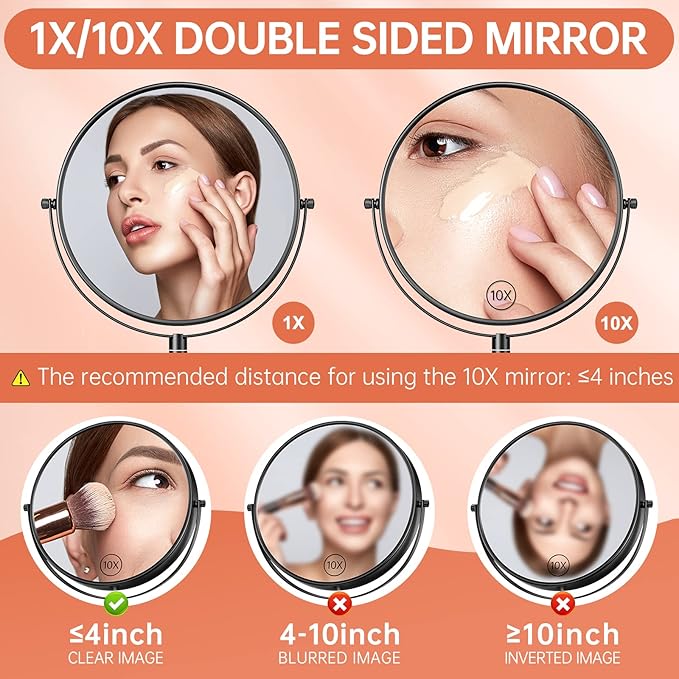 Benbilry 9" Large Size Wall Mounted Makeup Mirror, 1X/10X Magnifying Double Sided Shaving Mirror for Bathroom, 360° Swivel Extendable Arm Black