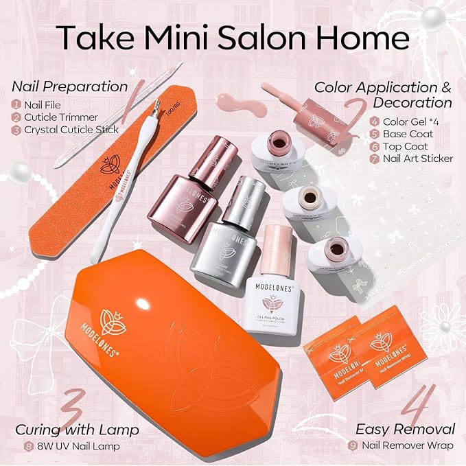 modelones Gel Nail Polish Kit with U V Light, 4 Colors Gel Mini Salon, Base&Top Coat and Stickers, Milky White Nude Pink Glitter Fall Manicure Set, DIY Home Nail Art Decoration Kit, Gift for Women