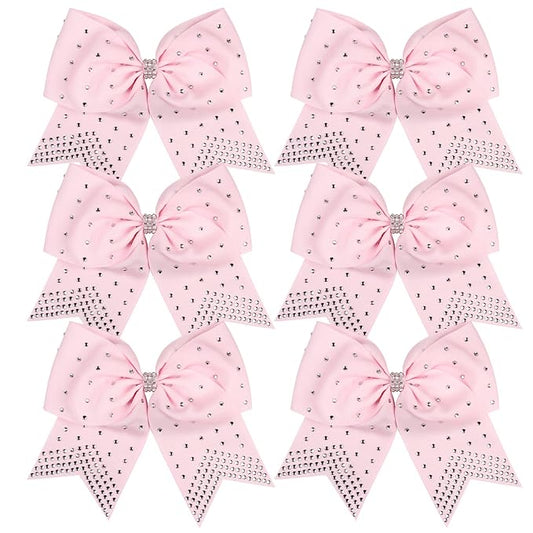8 Inch Cheerleader Bows Ponytail Holder with Bling Fling Rhinestones Hair Tie Cheerleading Bows 6 Pcs (Pink)