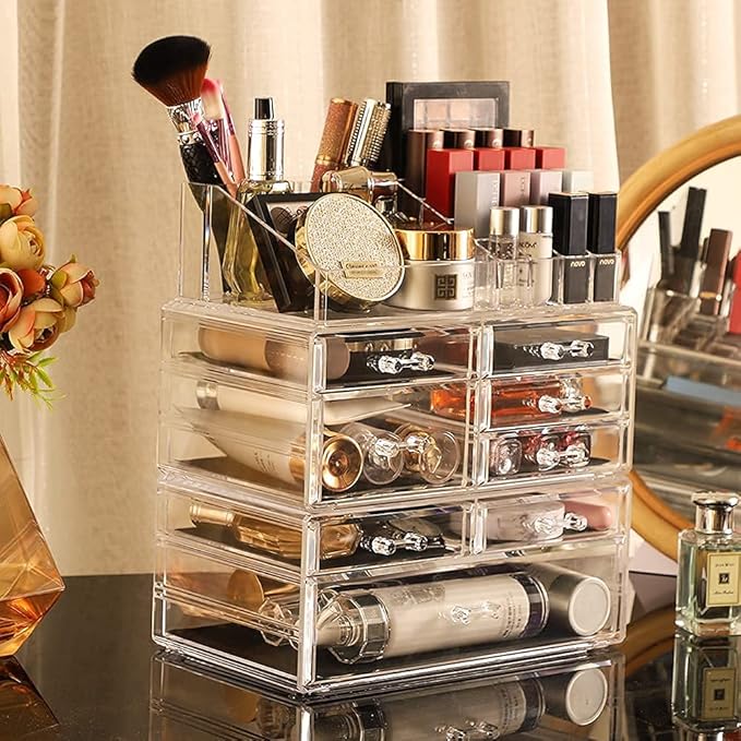 Cq acrylic 3 Pack Clear Make Up Organizer Countertop,Stackable 8 Drawers Makeup Storage,Cute Vanity Organizers for Dresser Hair Clip,Jewelry,Beauty Product Desk and Bathroom Organizers and Storage