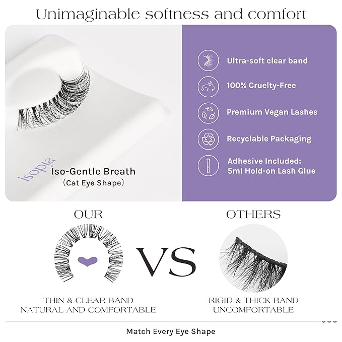 False Eyelashes - Ultra Soft Clear Band Wispy Lashes, Reusable Strip, Natural 1s Wearing Starter Friendly Kit (BREATH)