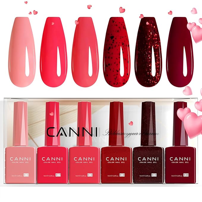 CANNI 6 Colors 9 ML Hema-Free Glitter Red Gel Nail Polish Set, Dark Cherry Red Gel Polish Kit, Soak Off LED Nail Gel Manicure Kit DIY at Home Salon Gifts