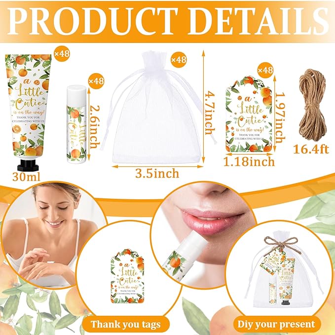 48 Sets 192 Pcs Baby Bridal Shower Hand Cream and Lip Balm Gift Baby Shower Wedding Party Favor Travel Size Hand Lotion and Lip Balm Bulk with Organza Bags Tags for Guests(Little Cutie)