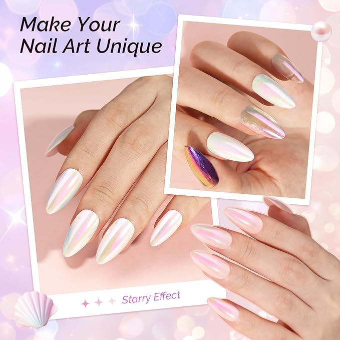 MelodySusie Unicorn Chrome Nail Powder,Ice Transparent Aurora,Mirror Effect,Color Changing Pearlescent,Multi-color Chrome Rainbow Pigment Super Shiny,Suitable for Home DIY Nail Salon