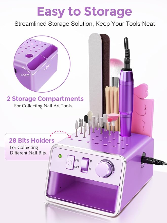 Subay Nail Drill Machine Electric File, Portable for Acrylic Gel Dip Powder Nails, Nail Drill Kit for Manicure Pedicure, Nail Set with Everything, Rose Pink (Purple)