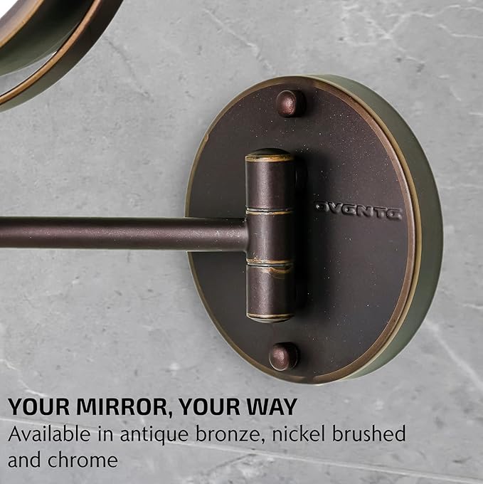 OVENTE 7" Lighted Wall Mount Makeup Mirror with 1X/7X Magnification, Cordless Double Sided Magnifying Round Vanity Mirror, 360° Swivel Design, Extendable and Folding Arm, Antique Bronze MFW70ABZ1X7X
