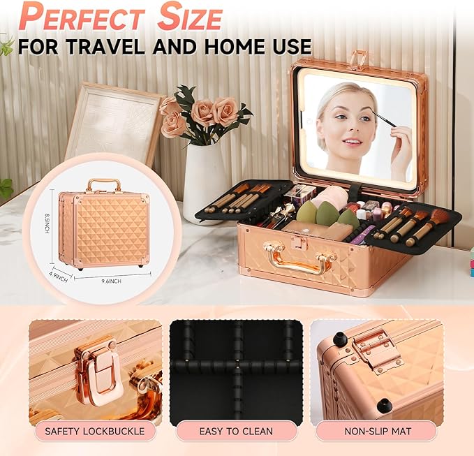 Leeora&Leekoo Makeup Box with LED Mirror & Aluminum Frame, Compact Multi-Layer Cosmetic Organizer - Portable ABS Travel Train Case for Makeup Storage(Gift for Girlfriend/Daughter) (Rose Gold)