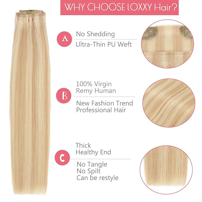 Loxxy Seamless Extensions Clip in Human Hair 16inch Seamless Clip in Hair Extensions Real Human Hair Pu Weft Blonde Hair Clip Extensions for Women Golden Brown Mixed Platinum Blonde 12/60A 110g 7pcs
