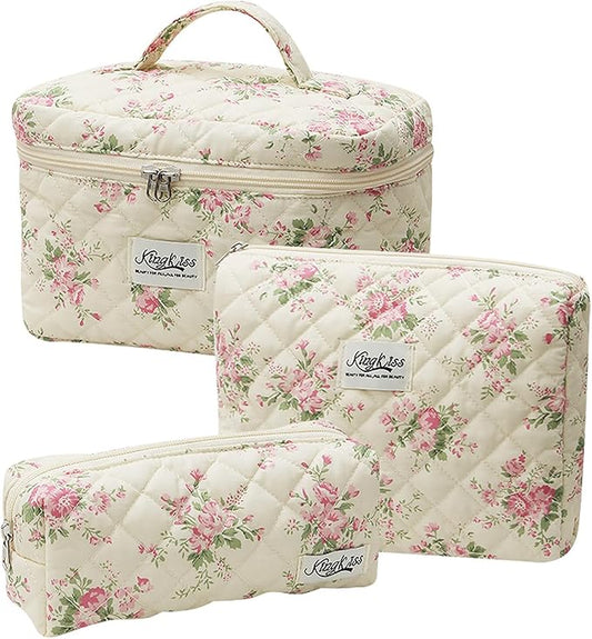 Quilted Floral Makeup Bag 3PCS, Cute Cotton Coquette Aesthetic Travel Toiletry Bag, Zipper Cosmetic Pouch, Daily Travel Use Skincare Bag, Large Capacity (Rose Blush Garden Pink)