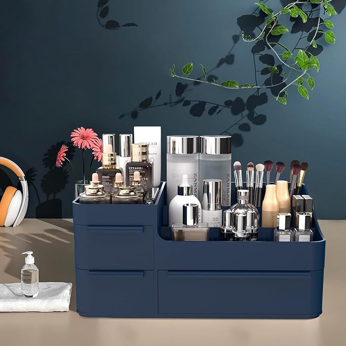 Makeup Organizer with Drawers, Countertop Organizer for Vanity, Bathroom and Bedroom Desk Cosmetics Display Case for Brushes, Lotions, Perfumes, Eyeshadow, Lipstick and Nail Polish