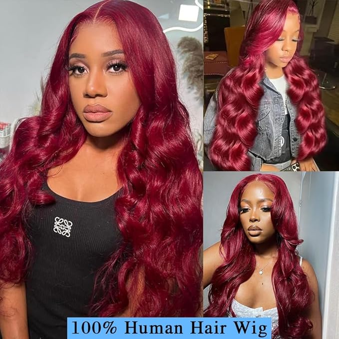 99j Burgundy Lace Front Wigs Human Hair 28 Inch 13x4 Body Wave Lace Front Wigs Human Hair Glueless Pre Plucked Pre Cut Red 180 Density for Women