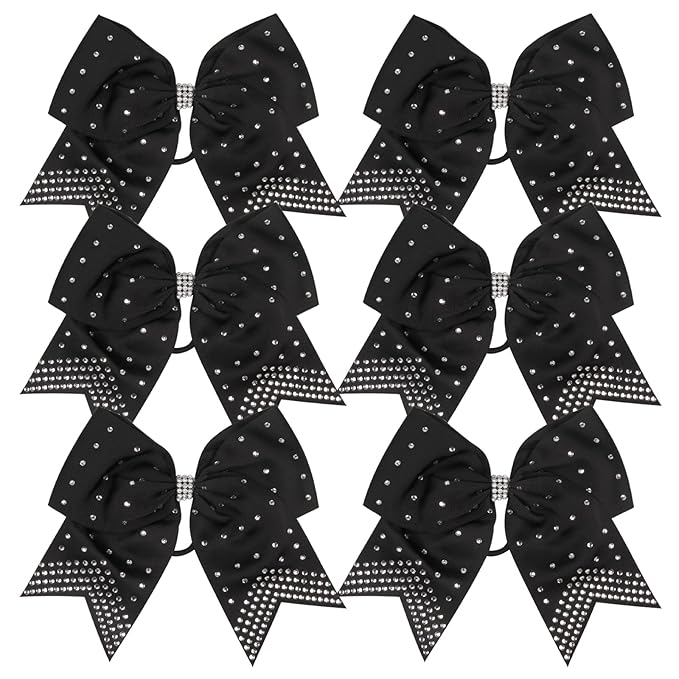 8 Inch Cheerleader Bows Ponytail Holder with Bling Fling Rhinestones Hair Tie Cheerleading Bows 6 Pcs (Black)