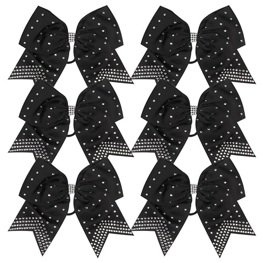 8 Inch Cheerleader Bows Ponytail Holder with Bling Fling Rhinestones Hair Tie Cheerleading Bows 6 Pcs (Black)