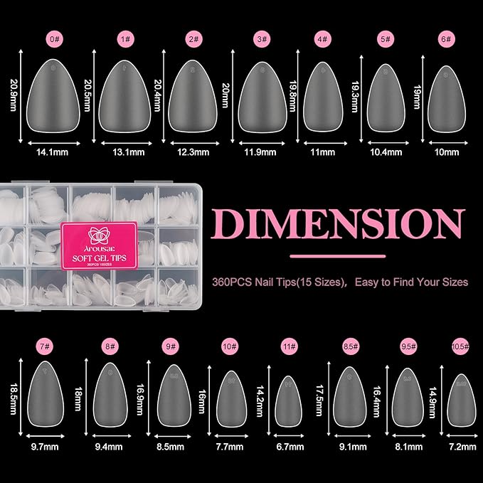 Almond Nail Tips, 360pcs Clear Acrylic Nail Extension Set in 15 Sizes, Matte Short Almond Full Cover Press on False Nail Tips for DIY Nail Art, Spring Summer DIY Salon Gift