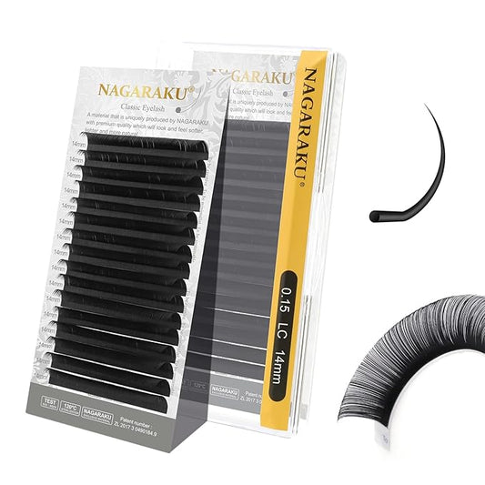 NAGARAKU Eyelash Extensions Individual Lashes Extensions Classic Lash Matte Black 16 Rows Soft Natural Matte Black Professional Beauty Salon Lashes Supplies - 0.15LC 14mm