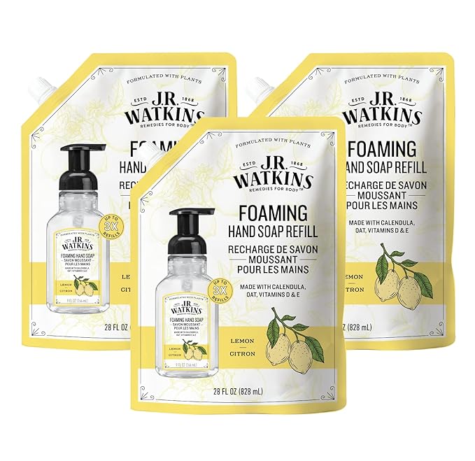 J.R. Watkins Foaming Hand Soap Refill, Moisturizing Foam Hand Wash, All Natural, Alcohol-Free, Cruelty-Free, USA Made, Lemon, 28 fl oz, 3 Pack
