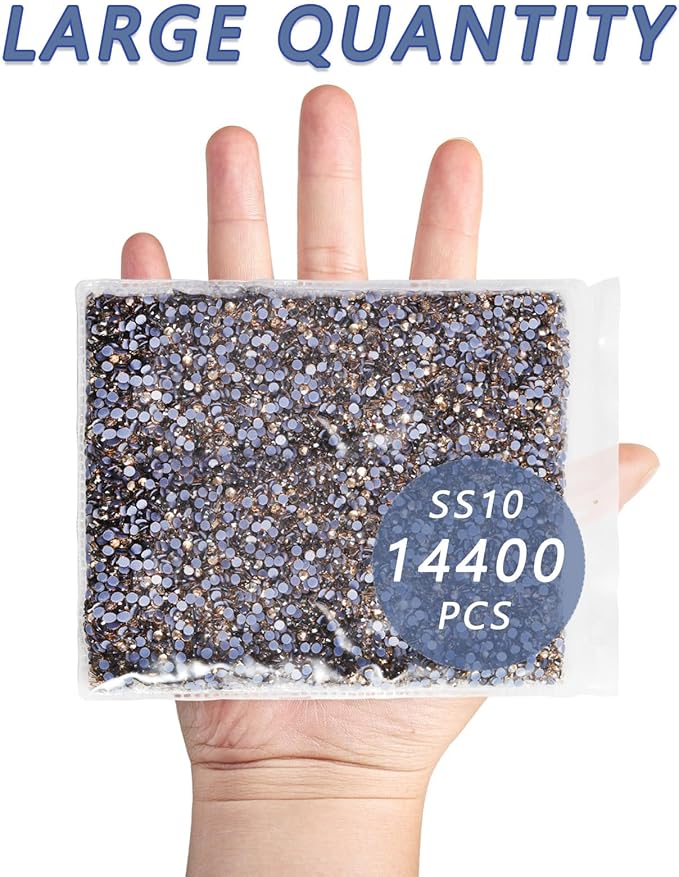 Beadsland Hotfix Rhinestones Bulk, 14400PCS Crystal Hot Fix Rhinestones for Crafts Clothes DIY Decoration, Golden Shadow, SS10, 2.7-2.9mm
