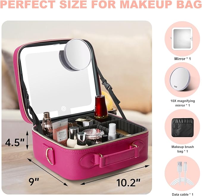 Mocado Travel Makeup Bag with LED Lighted Mirror,Travel Makeup Organizer,Makeup Case with 3 Color Lighted Setting and 10x Magnifying Mirror,Portable Storage and Adjustable Dividers Makeup Box(Violet)