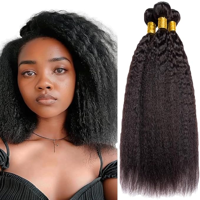 Natural Color Yaki Straight Bundles Color 1B Kinky Straight Bundles Brazilian Human Hair Extensions Soft and Silky for Black Women 22 24 26 Inch