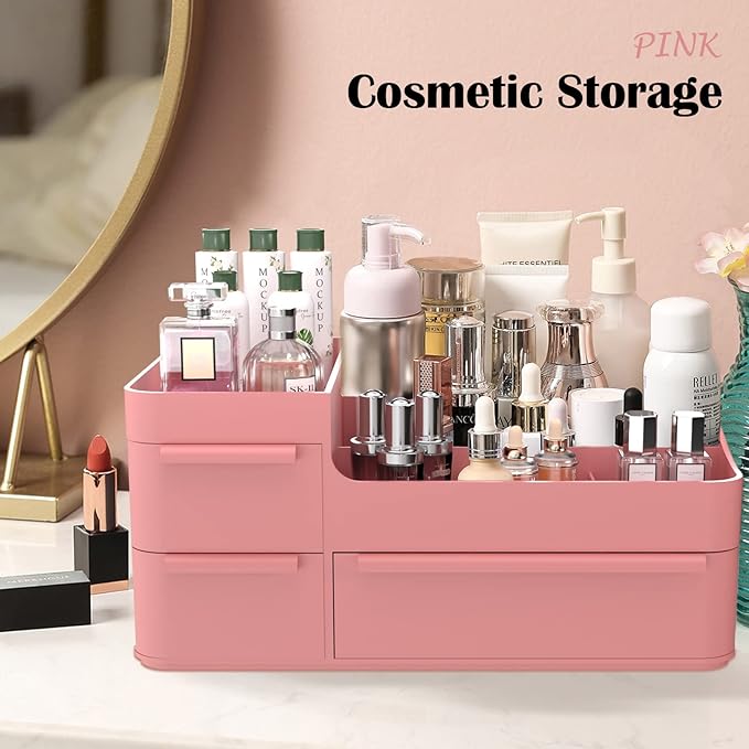 Makeup Organizer with Drawers, Countertop Organizer for Vanity, Bathroom and Bedroom Desk Cosmetics Display Case for Brushes, Lotions, Perfumes, Eyeshadow, Lipstick and Nail Polish