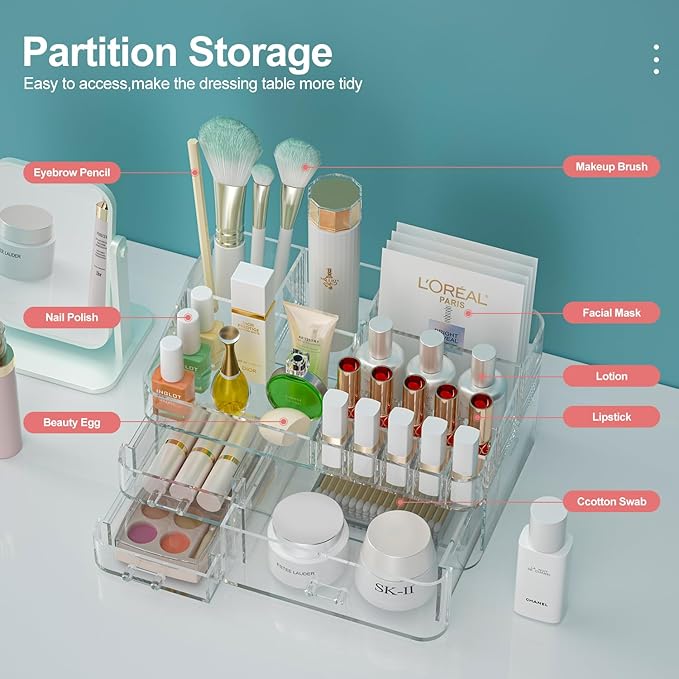 Clear Makeup Organizer for Vanity, Large Acrylic Bathroom Organizer Countertop with 3 Storage Drawers, Skin Care Organizer Storage Cosmetic,Nail Polish, Jewelry, Great for Stationery