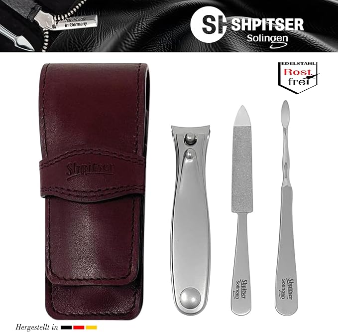 Shpitser Solingen Luxuries TopInox Surgical Stainless Steel German Hand Sharpened Manicure Pedicure Travel Set Grooming kit In Italian Leather Case Made in Solingen Germany (Dark Drown)
