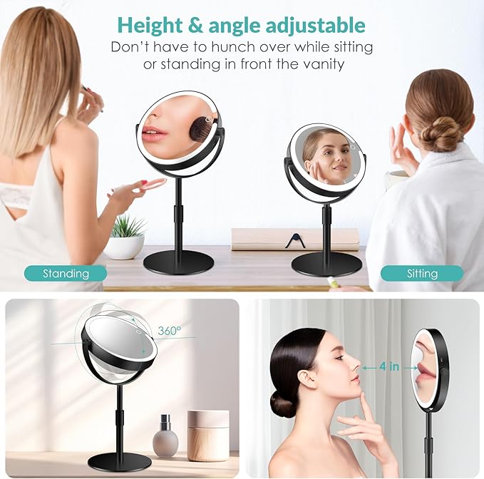 Lighted Magnifying Mirror 10X 1X Magnification, Double Sided Makeup Mirror, Rechargeable LED Beauty Mirror with 3 Color Setting, Adjustable Height Vanity Desk Mirror, Matte Black