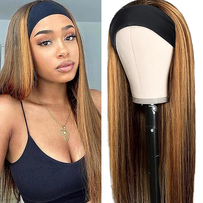 Aiterina Ombre Straight Headband Wig Human Hair Honey Blonde Wig 4/27 Glueless None Lace Front Wigs for Black Women Brazilian Virgin Hair Wigs 150% Density 12 Inch