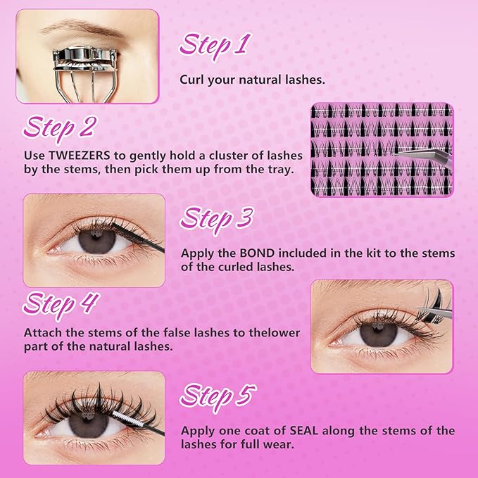 Manga Lash Clusters Kit 8-16MM C Curl Natural False Eyelashes Clusters with Invisible Clear Band | Wispy Spike Lashes & Waterproof Bond/Seal Kit for Anime Look At-Home Use