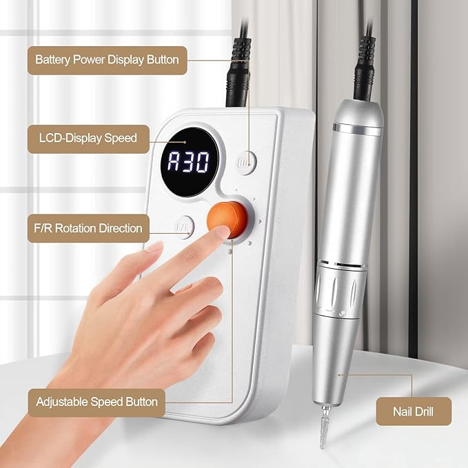 Portable Nail Drill Kit Rechargeable 30000 RPM Electric Nail Machine Professional Cordless E-File Nail Drill Set with 7 Nail Bit, Polishing
