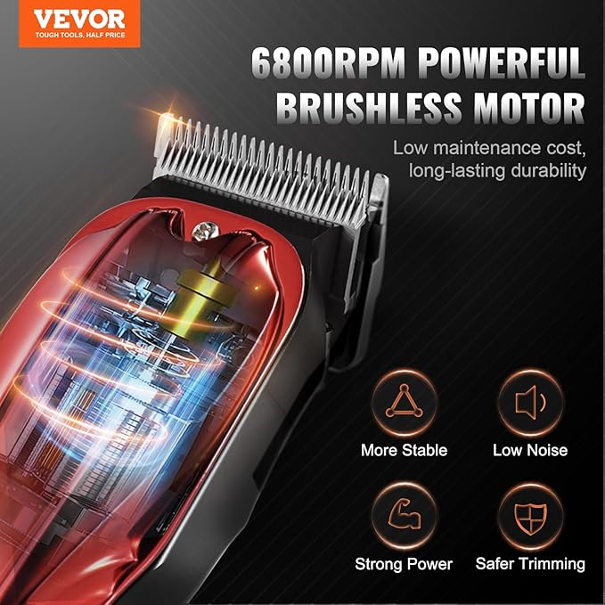 VEVOR Professional Hair Clipper for Men, Cordless Barber Clipper with 6800RPM Brushless Motor & LED Display, Men's Hair Cutting Grooming Kit with 8 Guide Combs for Home Barber, Ideal Gift for Husband