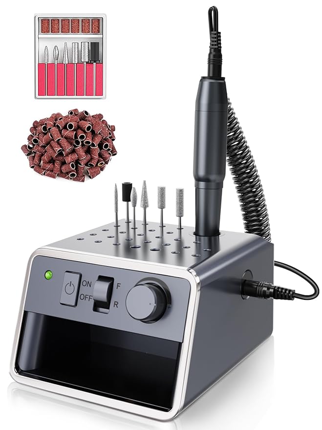 Subay Nail Drill Machine Electric File, Portable for Acrylic Gel Dip Powder Nails, Nail Drill Kit for Manicure Pedicure, Nail Set with Everything, Rose Pink (Grey)